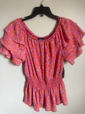 Alice Blue Bright Pink & Orange Floral Peplum Ruffle Sleeve Blouse Sz Small NWT